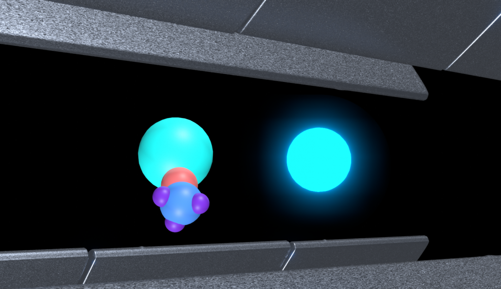 A depiction of an ion trap holding a detectable “bright” radium ion and co-trapped “dark” radioactive molecule.