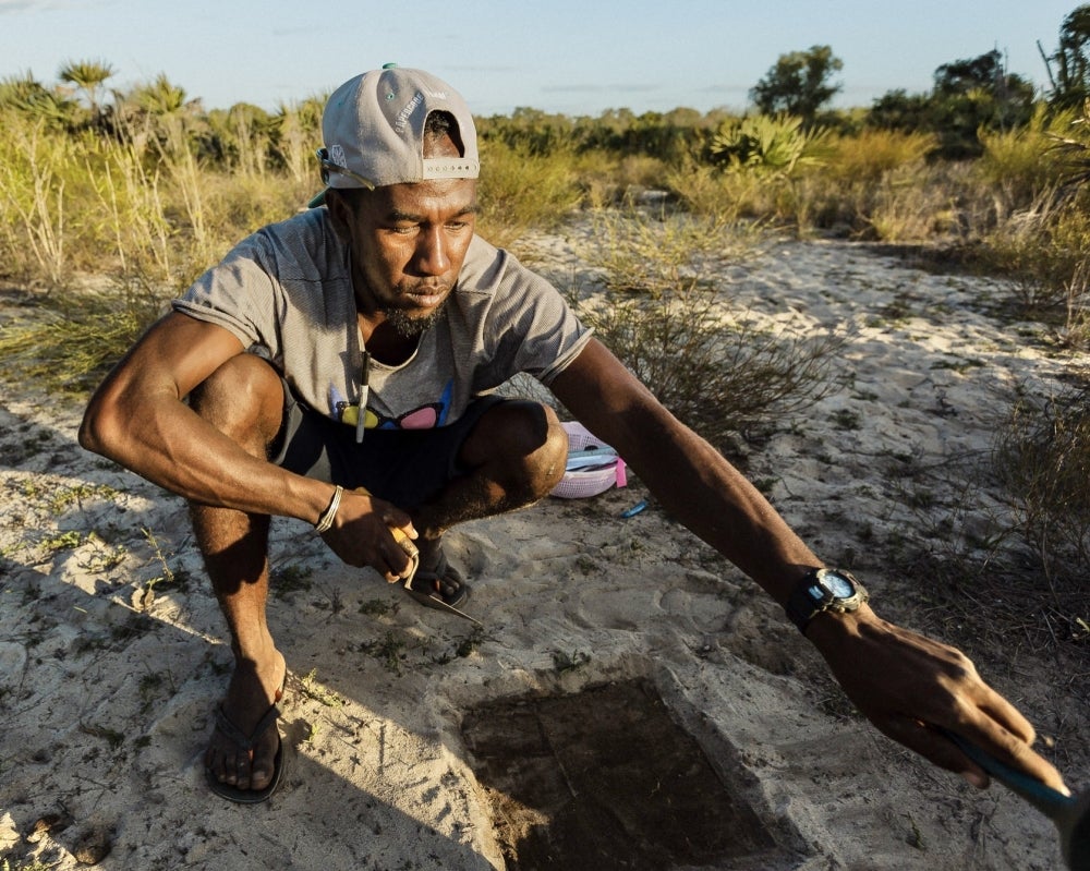 Zafy Chrysostome excavates a coastal archeological site in in the Velondriake Marine Protected Area of southwestern Madagascar.