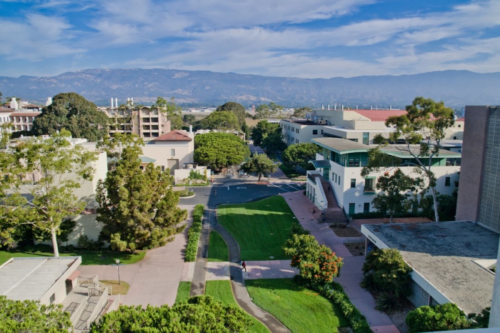 Aerial view of green lawn running through buildings