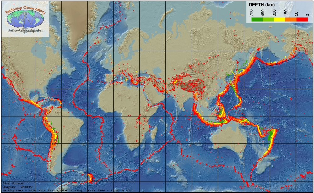 A map of earthquakes from 2000 to 2008 of magnitude of 5.0 and above