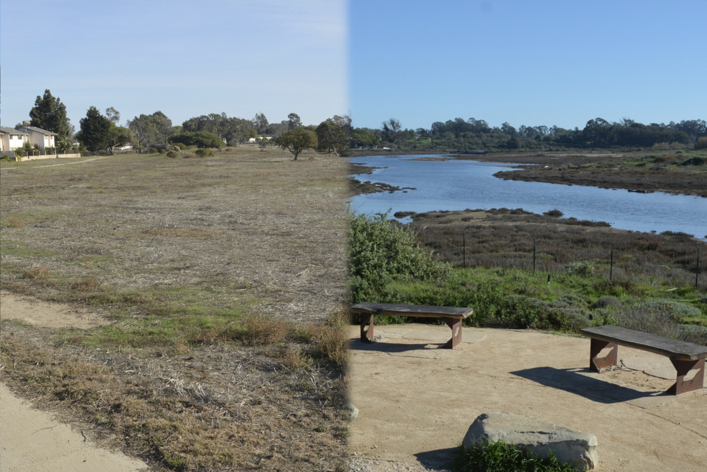 A side-by-side comparison of the North Campus Open Space, before and after the restoration