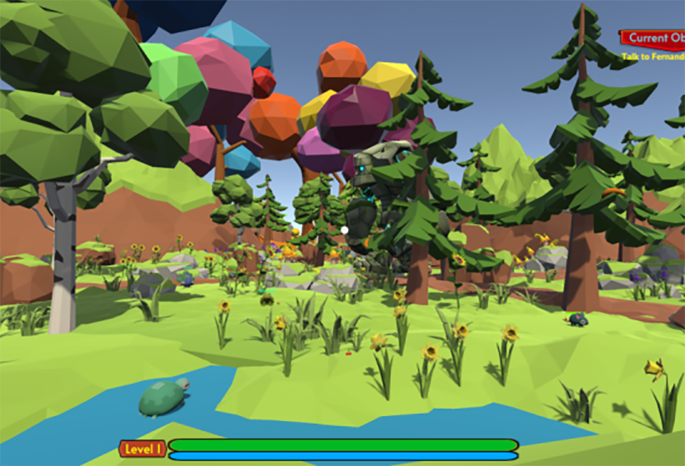 A screenshot of a video game featuring a low-polygon forest