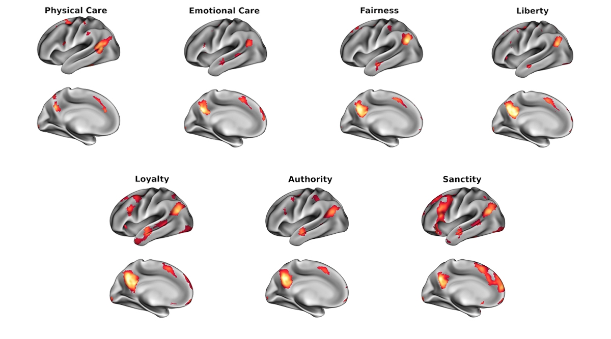 Contrasting brain scans of people reasoning through different kinds of moral issues.