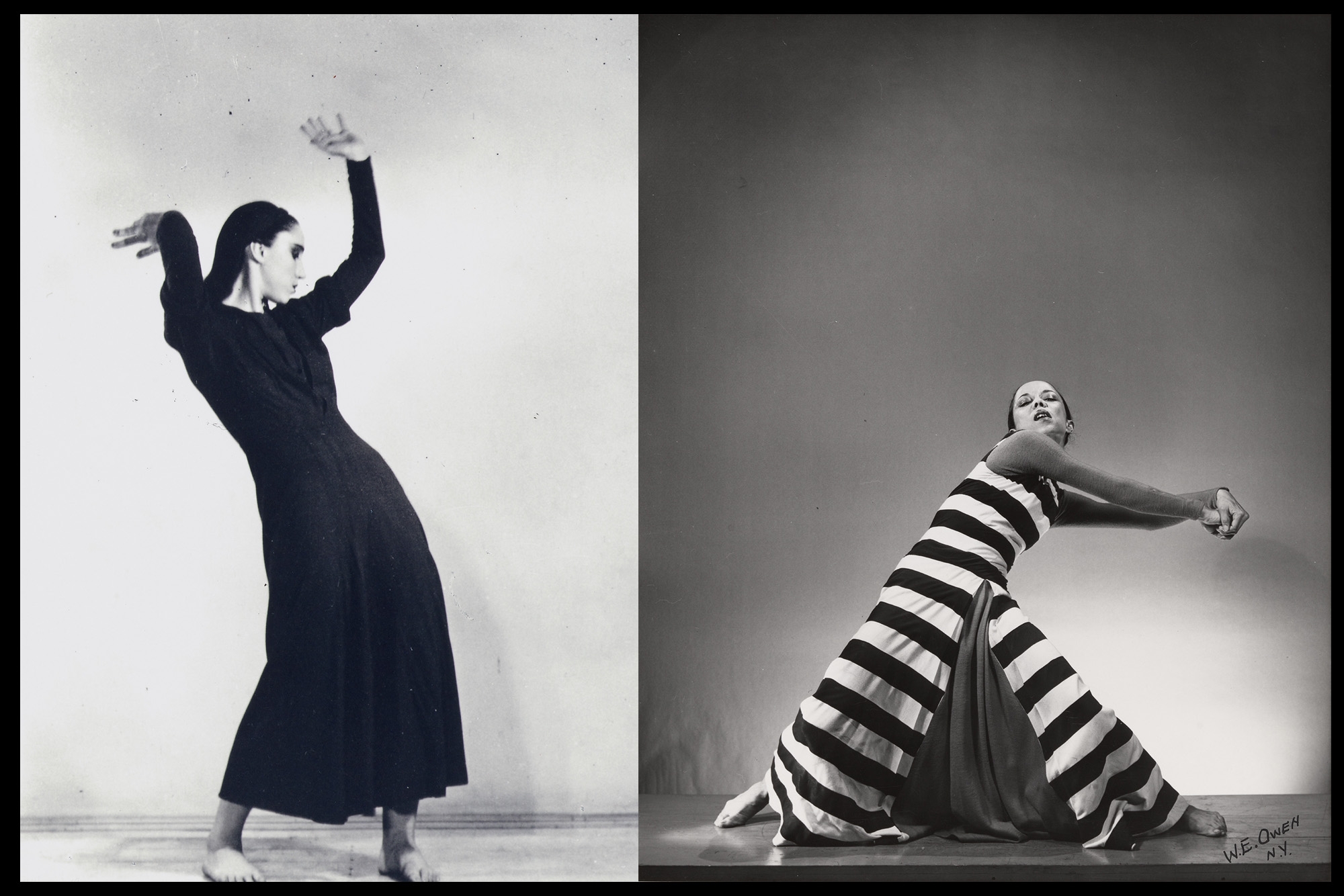 two photos. left of woman in long black dress with one arm stretched up. right is woman in black and white striped dress swinging arms with hands gripped