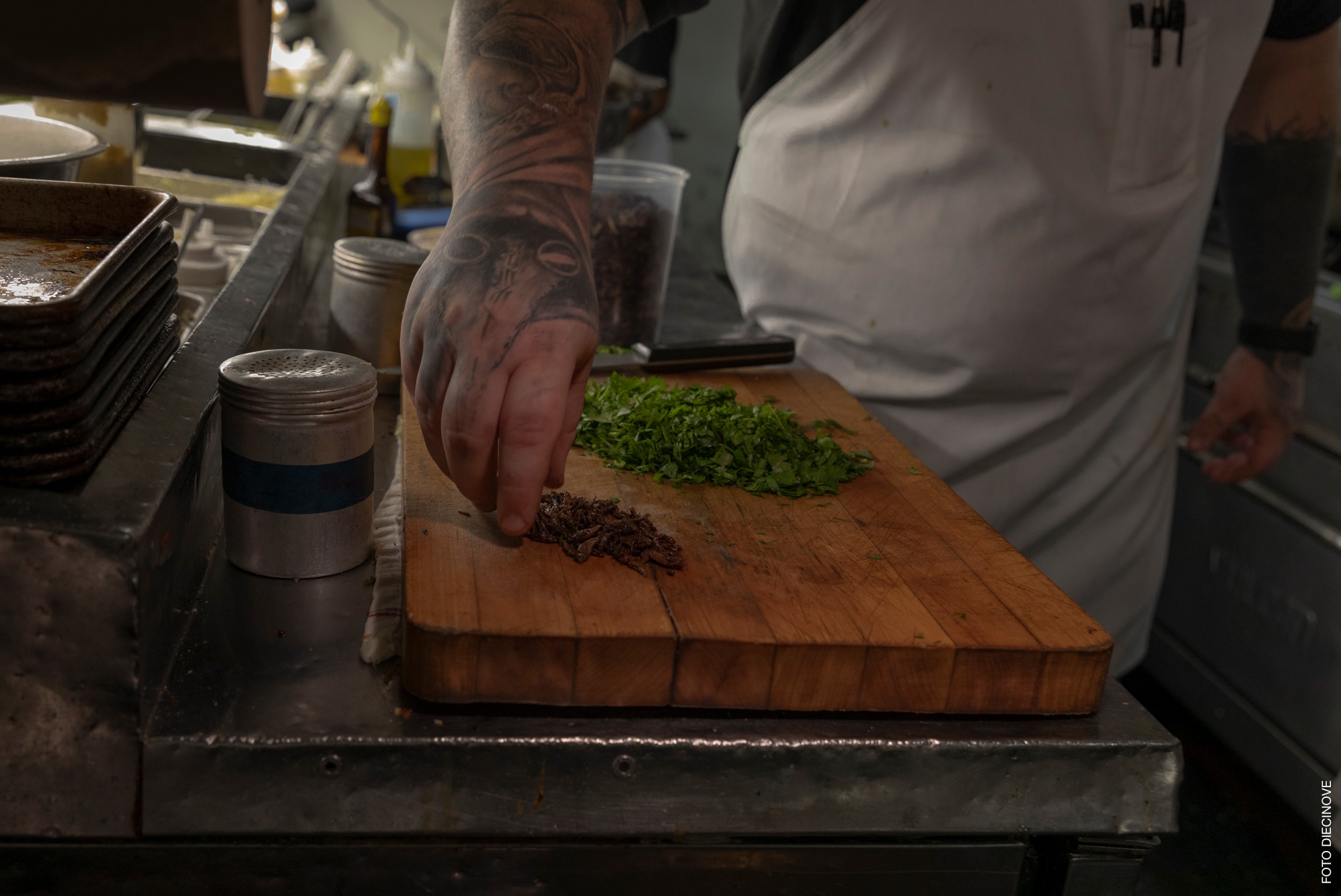 inside a kitchen a tattooed hand prepares insects 