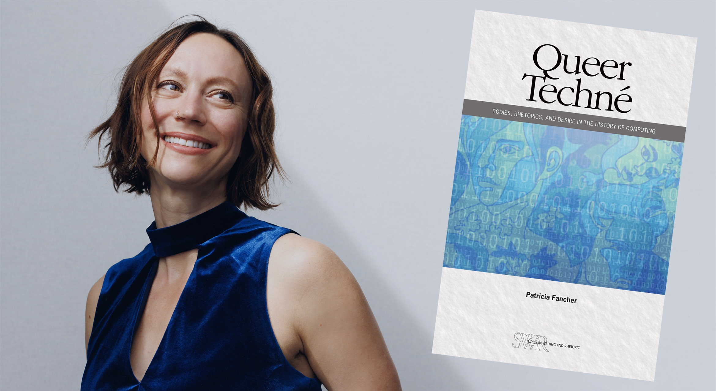 Photograph of author Patricia Fancher with her new book, Queer Techné