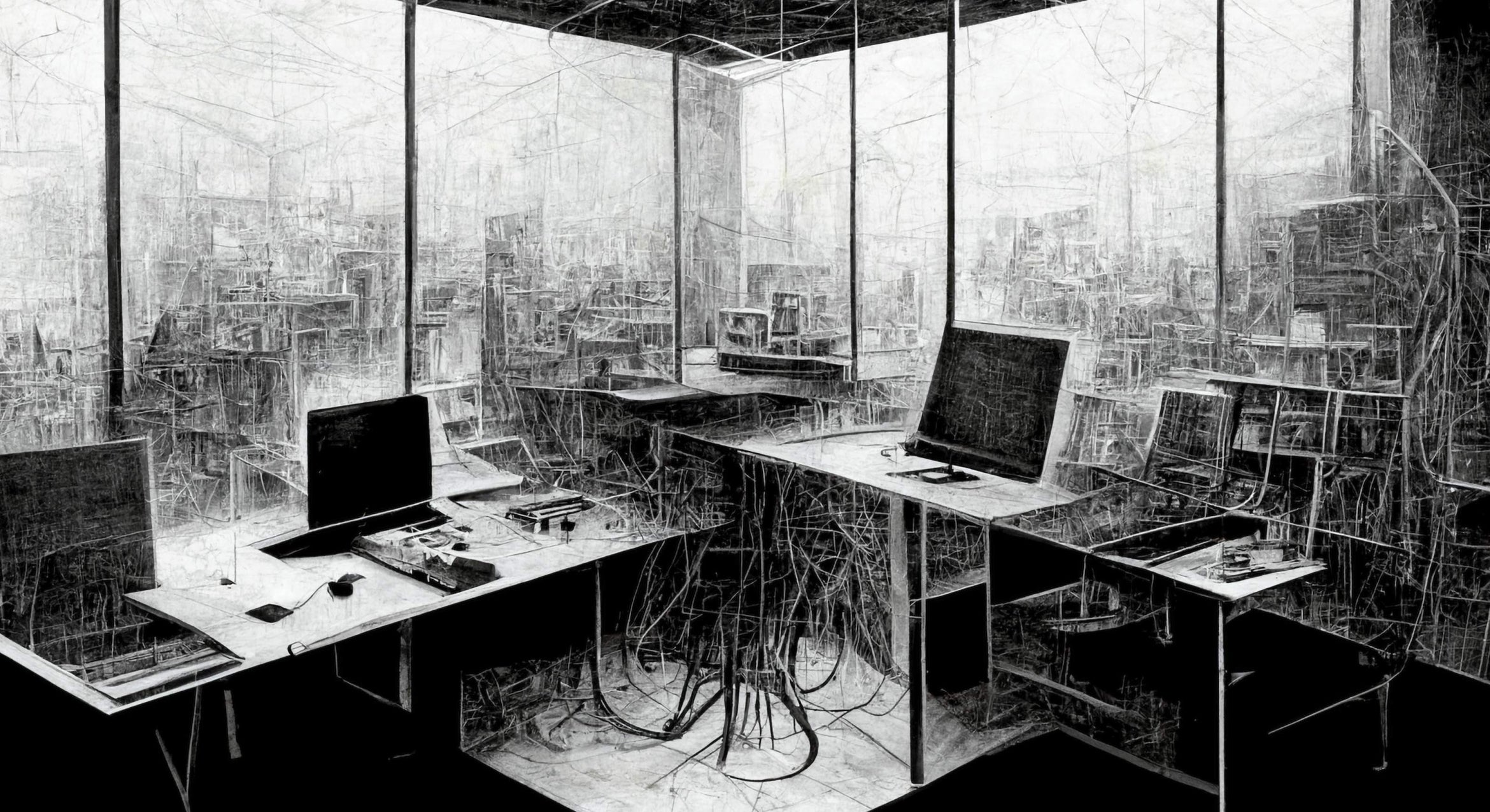 black and white AI generated image of wires and computers overgrown