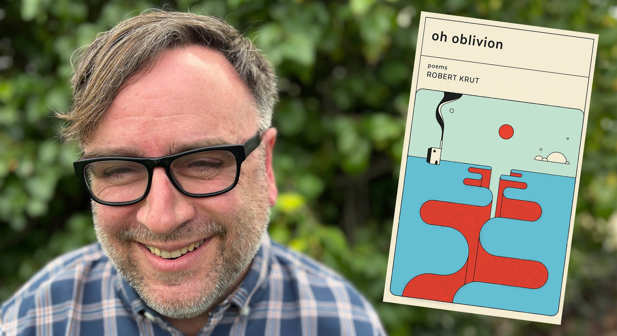 color portrait of poet robert krut with his new book