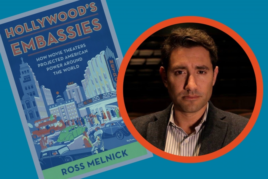 Graphic treatment of Hollywood's Embassies book cover and Ross Melnick's headshot